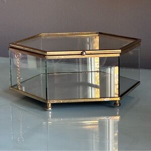 Hexagonal Glass and  Brass Jewelry Box With Mirror Bottom